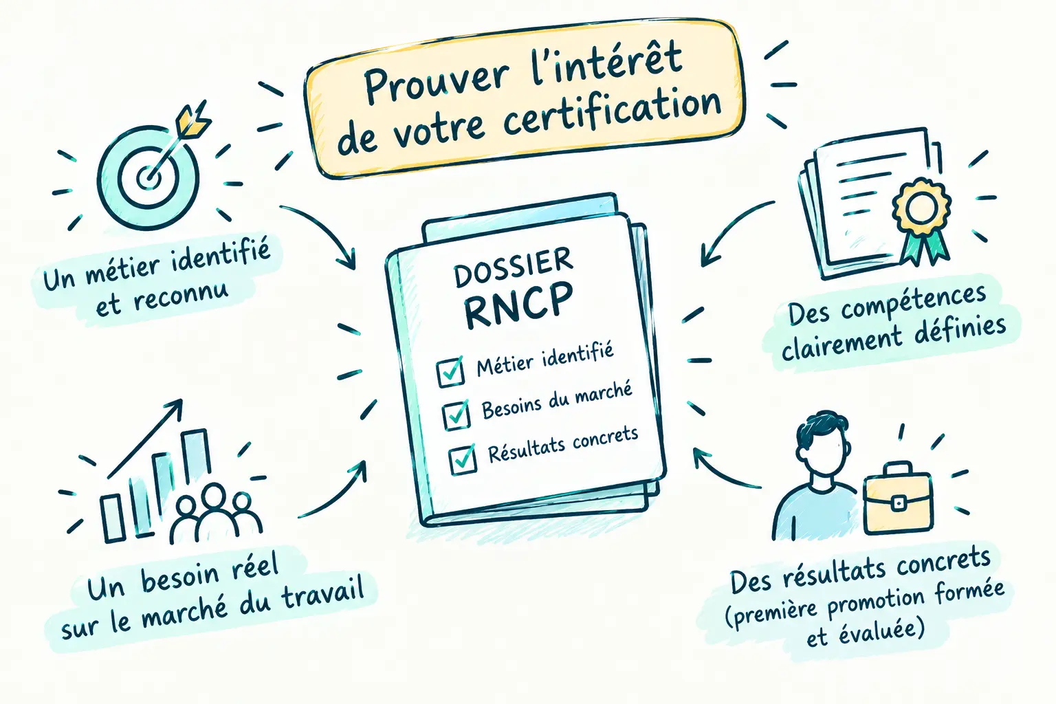 Les 4 preuves à réunir pour un dossier RNCP recevable : métier identifié, besoin réel sur le marché, compétences définies et résultats concrets